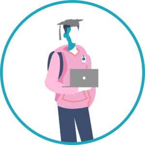 Illustration of student in pink hooded sweatshirt and traditional graduation cap, holding a laptop computer