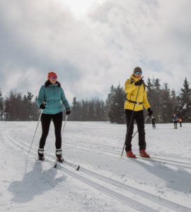 Senior couple skiing together in the middle of snowy forest.